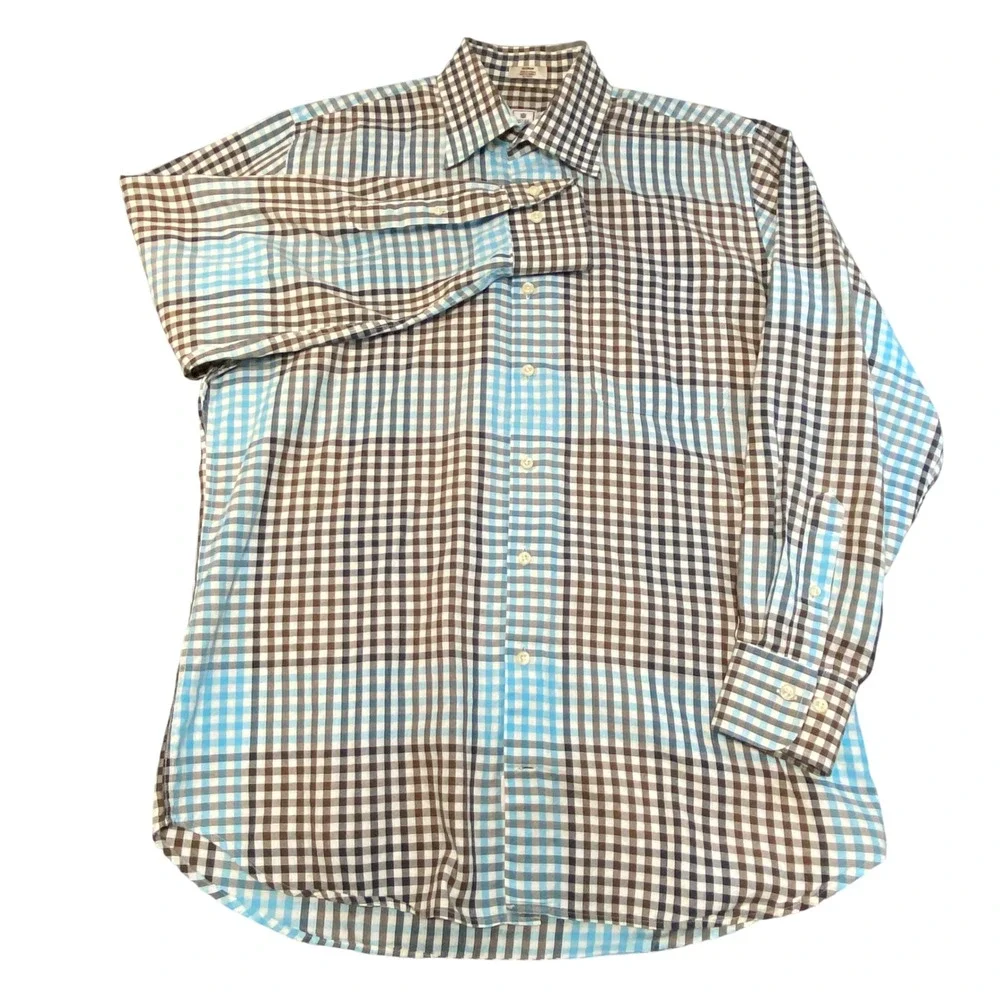 Peter Millar Mens Medium‎ Gingham Check Button Down Shirt Brown Blue Cotton